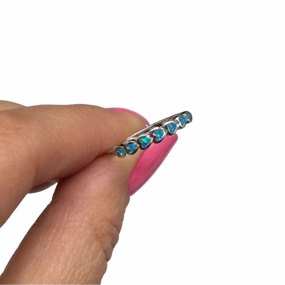 Blue Fire Opal Heart Eternity Band Ring Solid 925 Sterling Silver Size 5